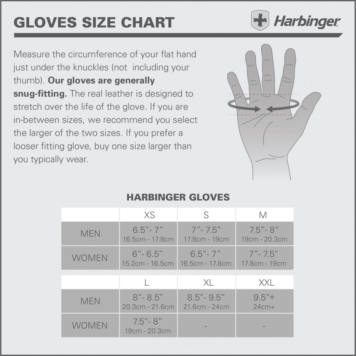 Harbinger - Lifting Grips (1 cặp) - hb sizecharts glovesupdated 1as