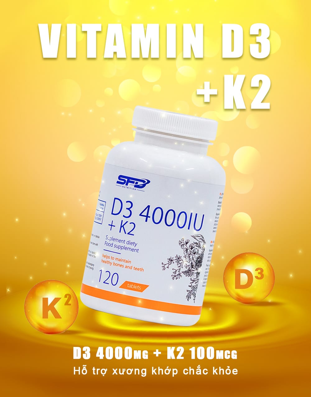 SFD - Vitamin D3 4000IU + K2 (120 viên) - d3 k2 3