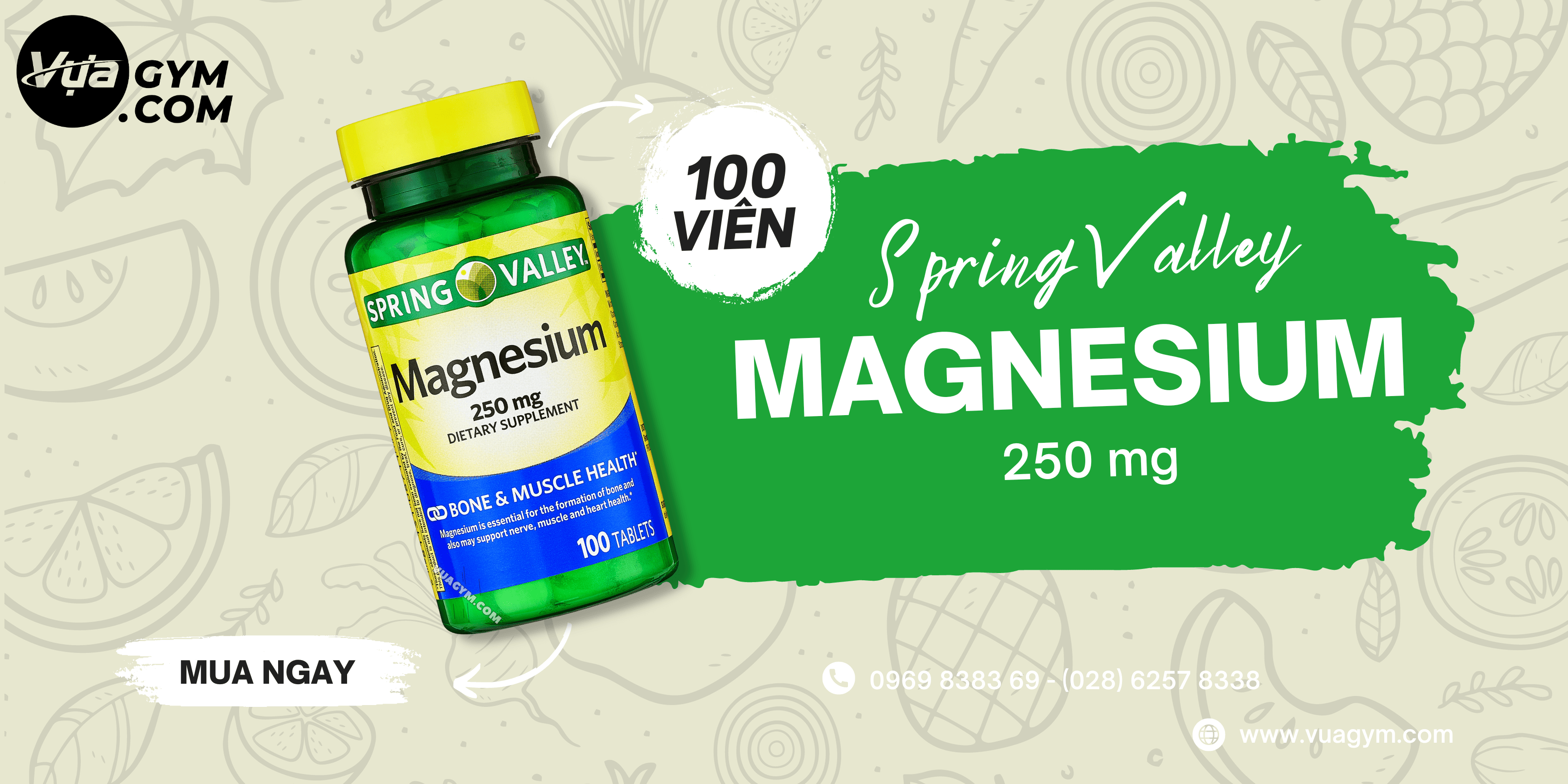 Spring Valley - Magnesium 250mg (100 viên) - spring valley magnesium 250mg 100 vien motavuagym