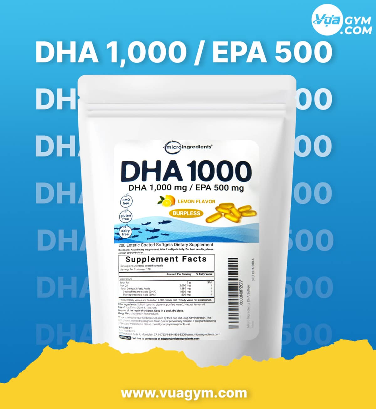 Micro Ingredients - DHA 1000 / EPA 500 (200 viên) - micro ingredients dha 500 epa 250 200 vien mota