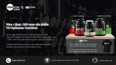 Vựa Gym mua 1 tặng 1, nhận ngay 1 áo T-Shirt khi mua 1 sản phẩm từ thương hiệu Optimum Nutrition