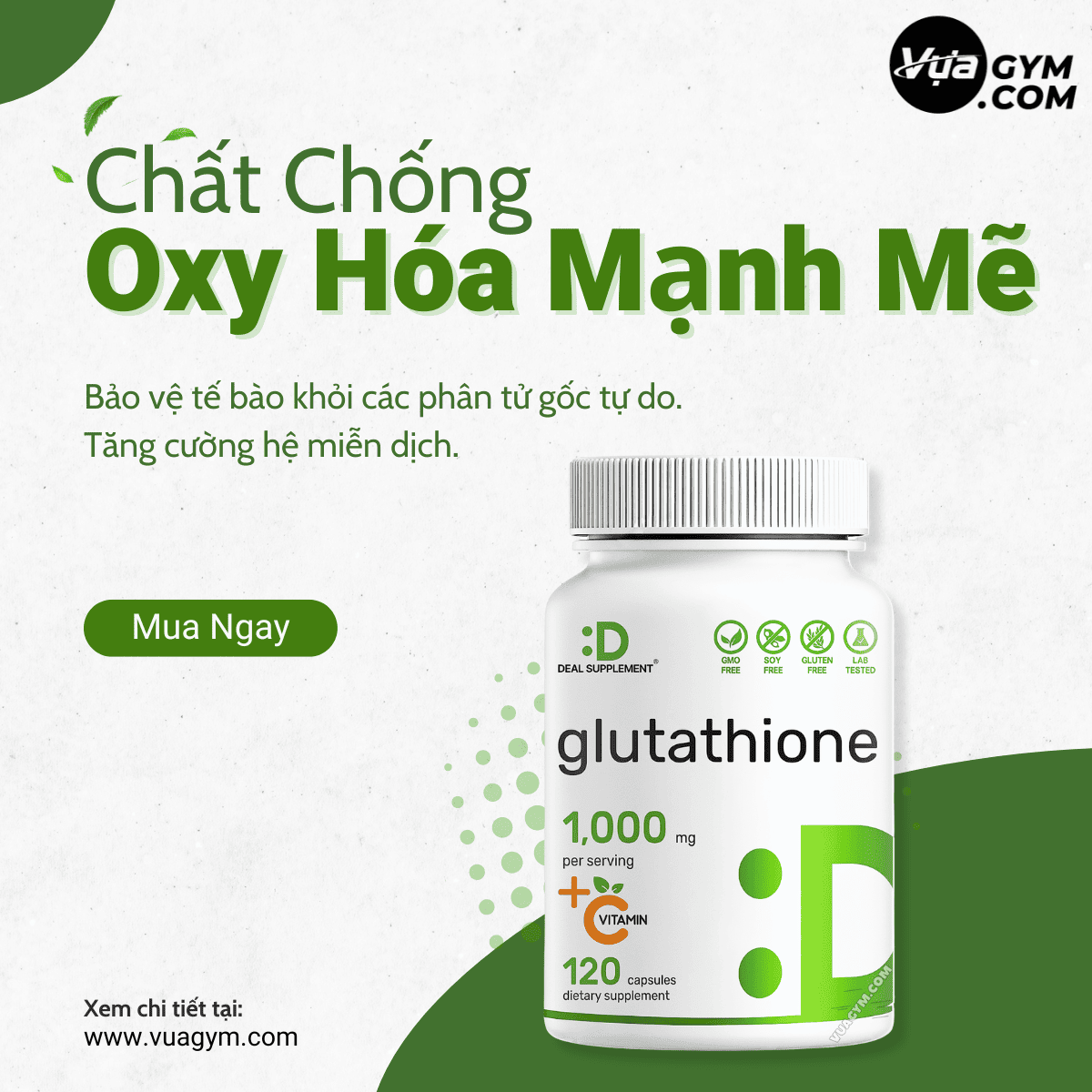 Deal Supplement - Glutathione 1000mg / Serving + Vitamin C (120 viên) - deal supplement glutathione 1000mg vitamin c 120 vien motavuagym