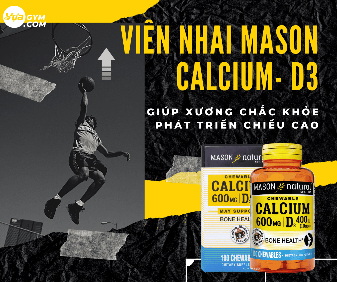 Mason - Calcium 600mg + Vitamin D3 400IU Chewables (100 viên) - mason calcium 600mg vitamin d3 400iu chewables 100 vien motavuagym