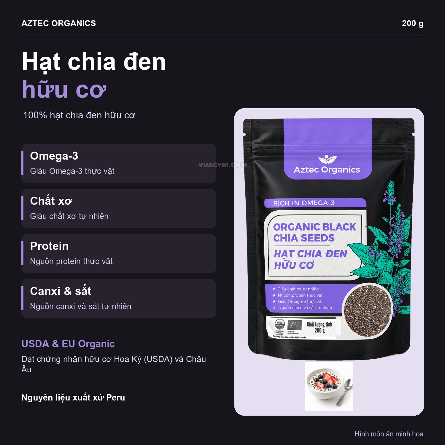 Aztec Organics - Hạt Chia Đen Hữu Cơ Organic Black Chia Seeds (200G) 1 Aztec Organics Hạt chia đen hữu cơ 200g