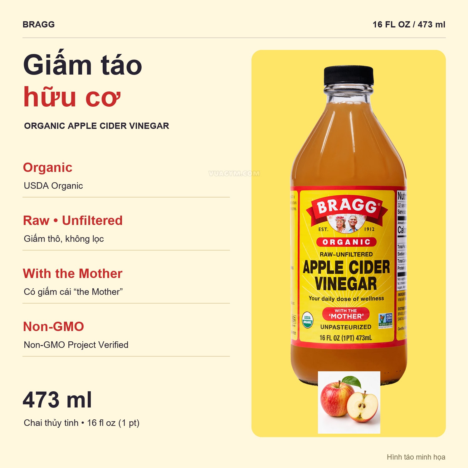 Bragg - Giấm Táo Hữu Cơ Organic Apple Cider Vinega (473Ml) 1 Bragg Giấm táo hữu cơ 473ml - Raw, Unfiltered, With the Mother