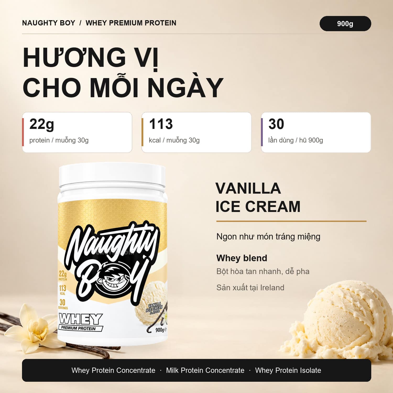 Naughty Boy Whey Premium Protein 900g Vanilla Ice Cream