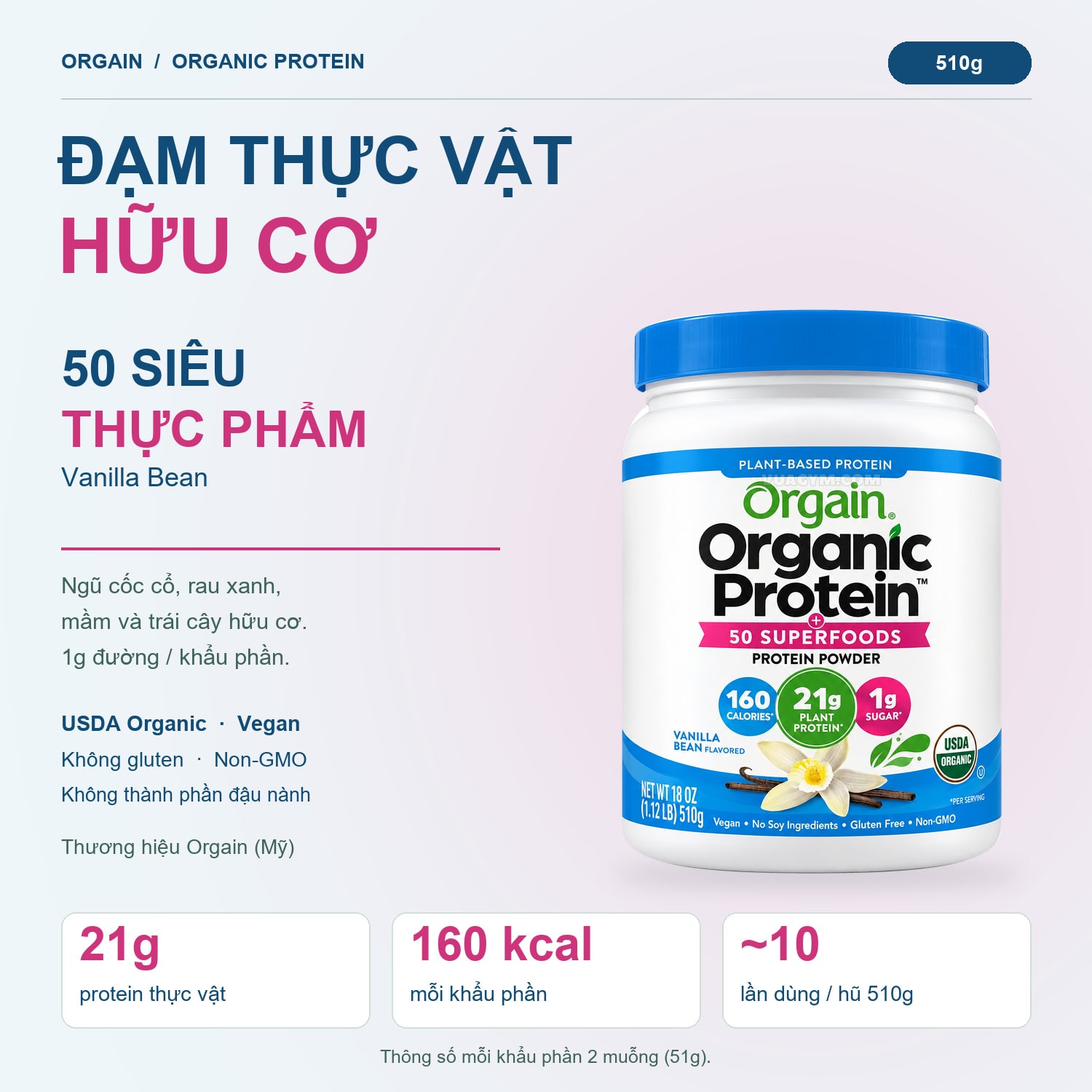 Orgain Organic Protein 50 Superfoods Vanilla Bean - 510g